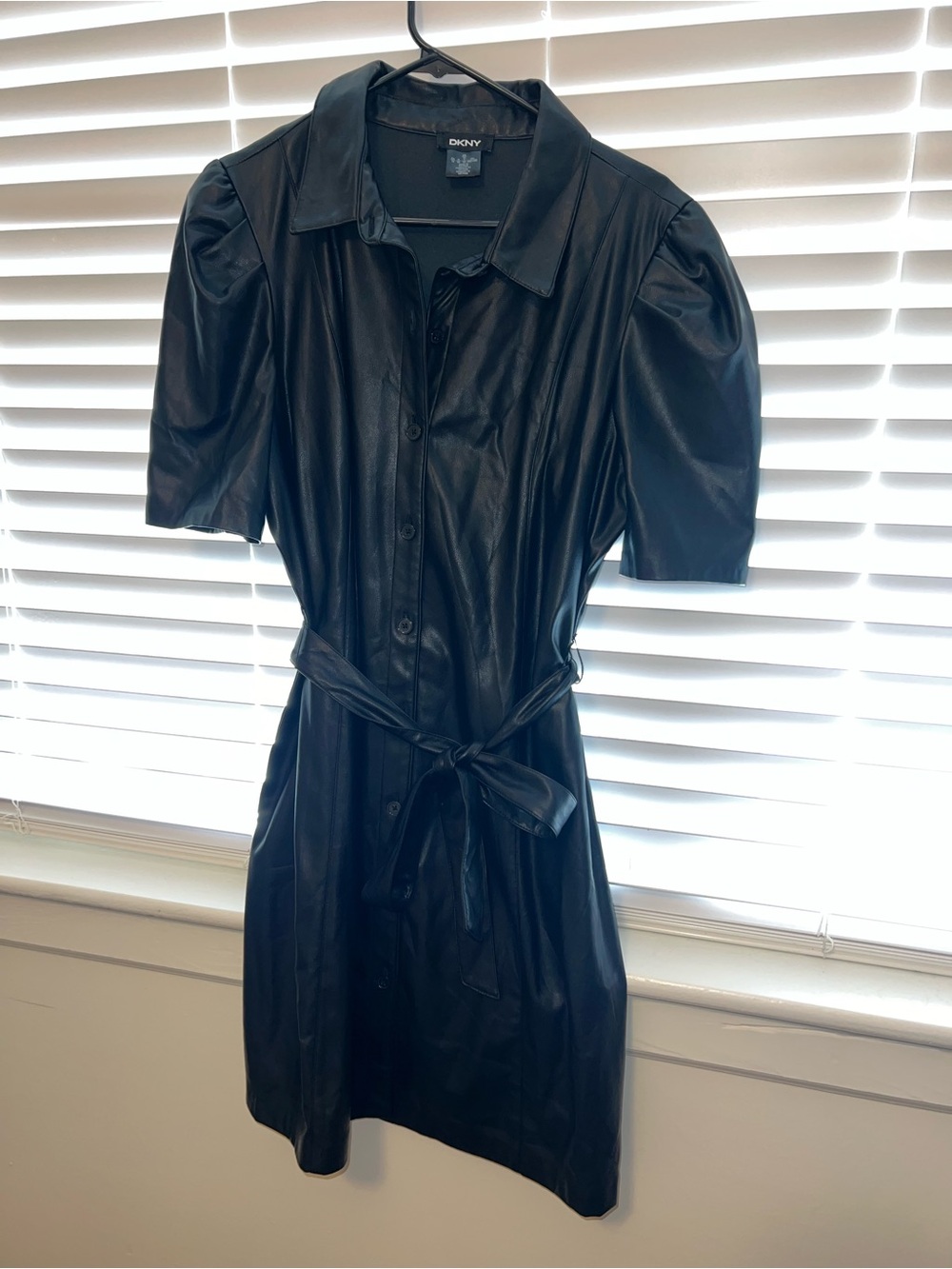 DKNY Black Faux Leather Button-Front Dress with Tie Waist
